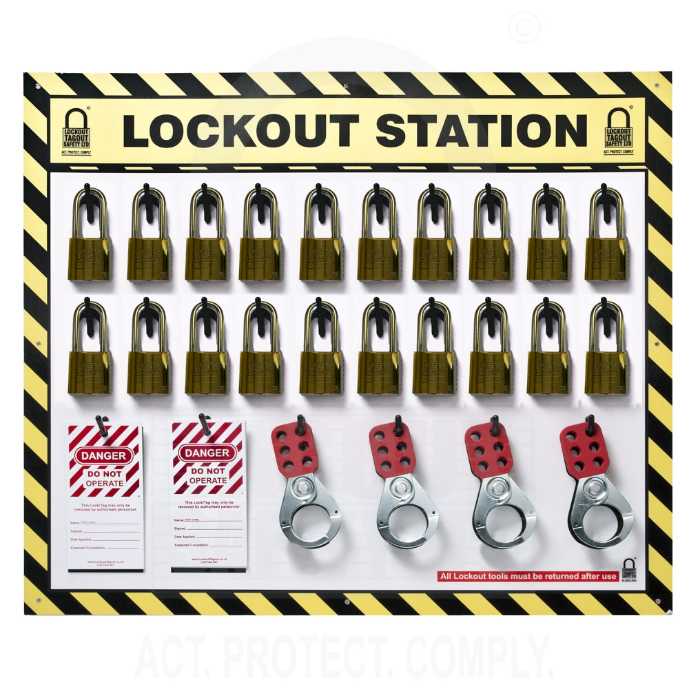 Brass Lockout Station 20 Capacity Board (Filled) Brass Lockout Station 20 Capacity Board (Filled)